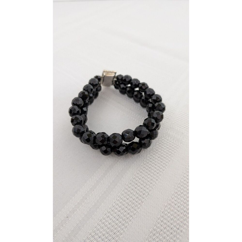 Bracelet Black Onyx Triple Strand Silver Rhinestone Box Clasp Vintage 7 Inch